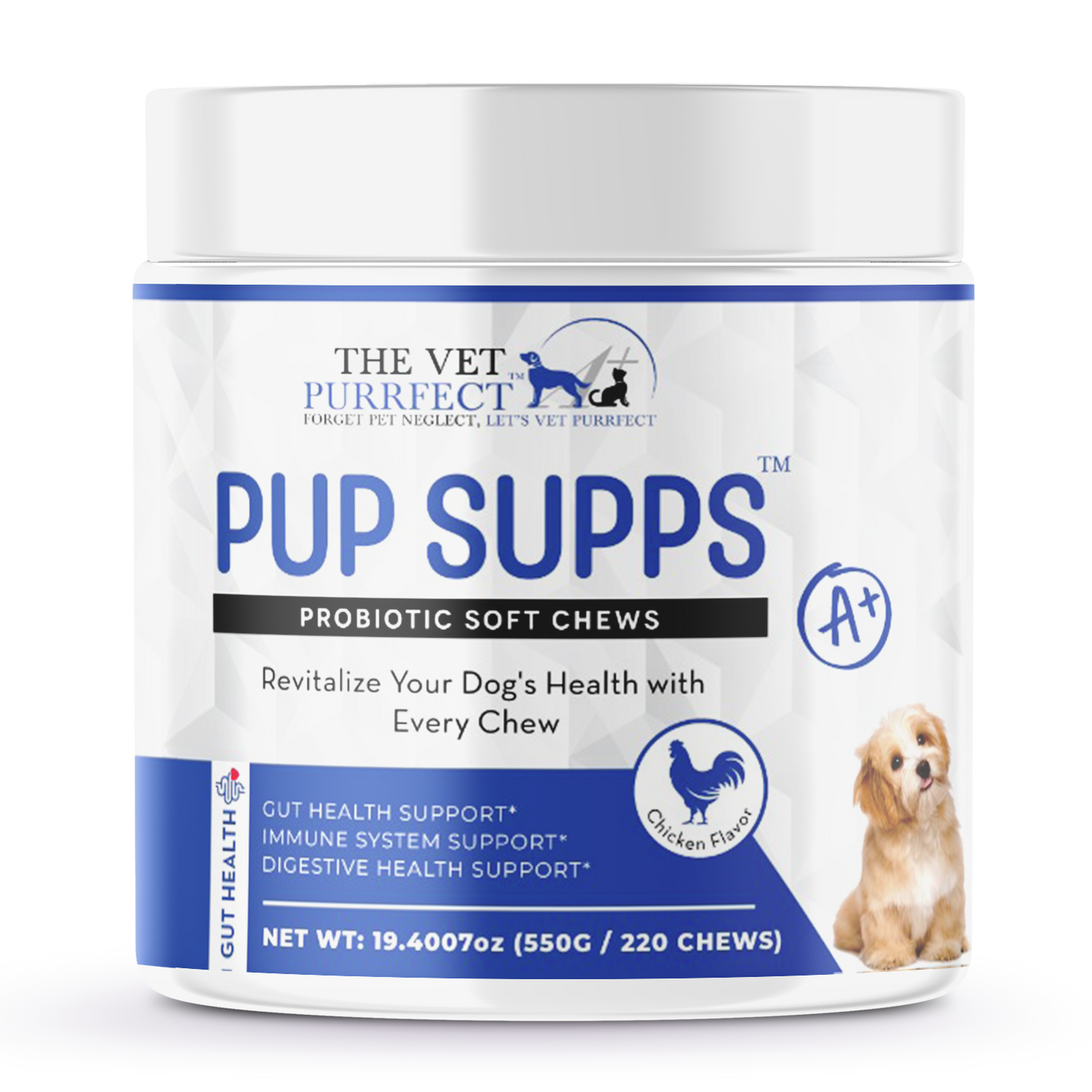 Vet Purrfect probiotic dog treat package with natural formula for digestive and gut health.