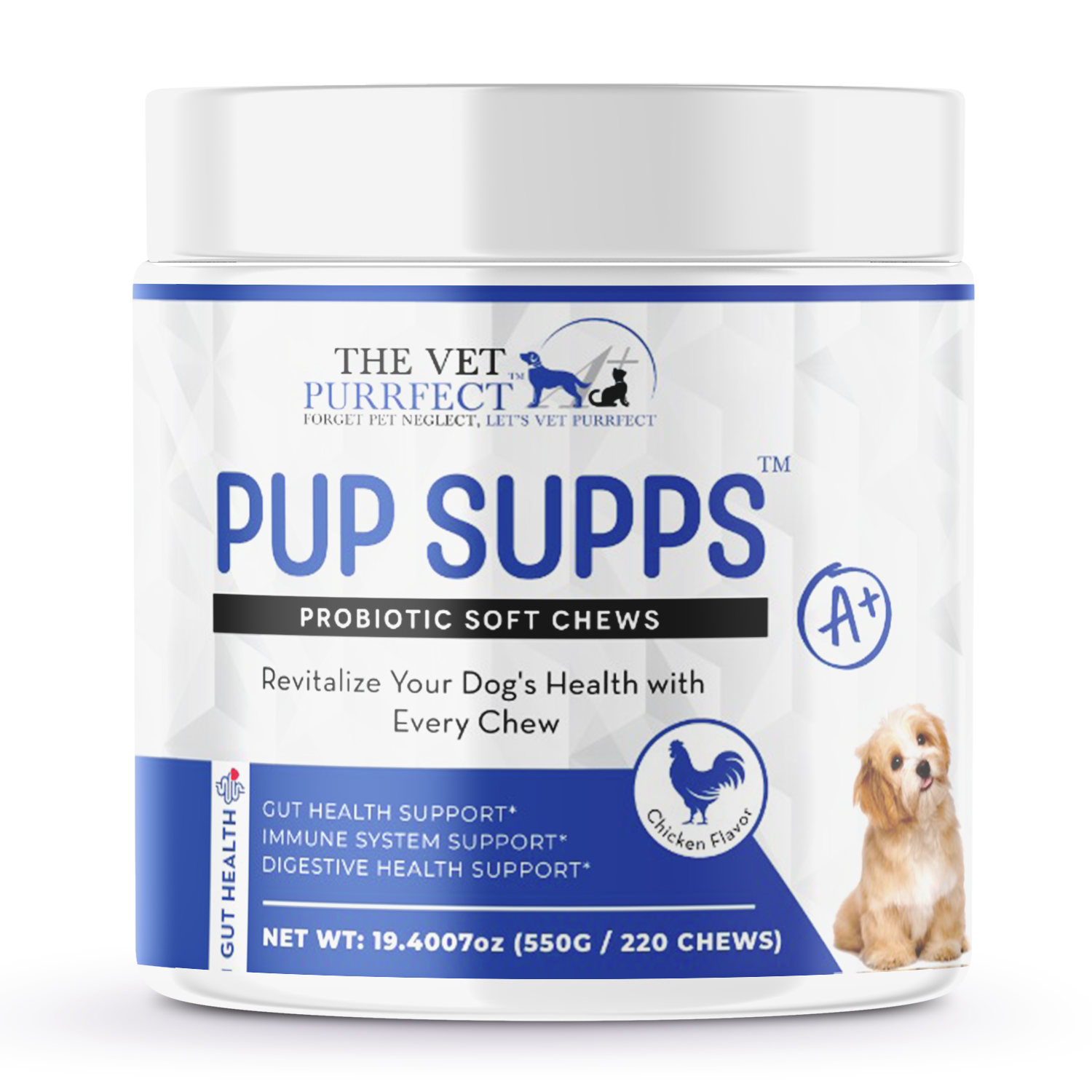 Vet Purrfect probiotic dog treat package with natural formula for digestive and gut health.